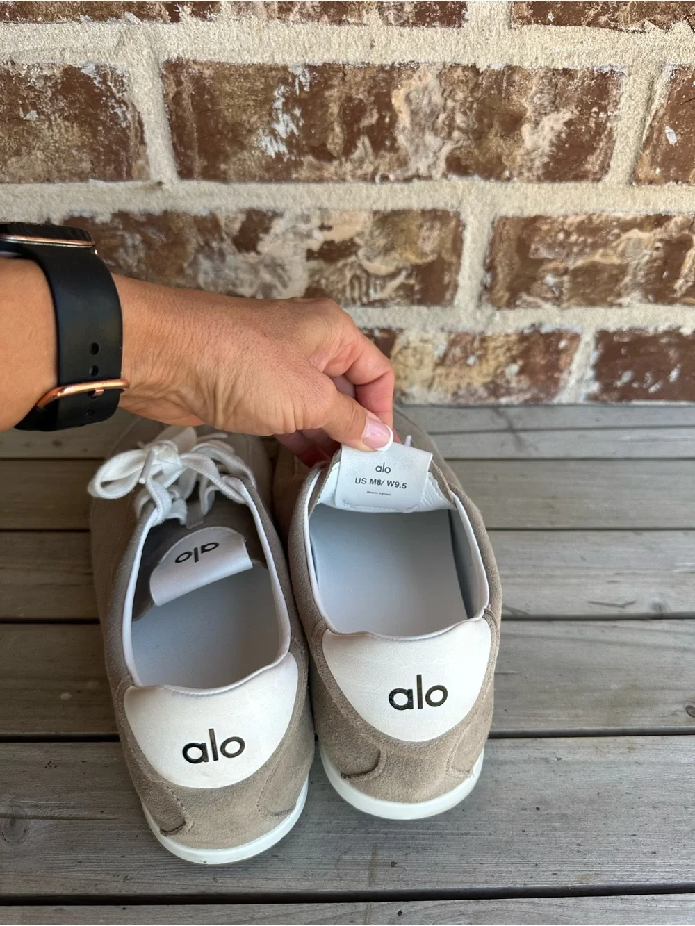 ALO Yoga Men's Taupe Suede Low-Top Sneakers with Cream Laces